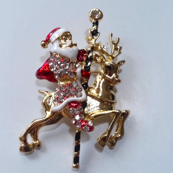 Christmas Brooch Santa Reindeer Rhinestones Pin Stylish Gold Trendy Glam Holiday - Picture 1 of 3